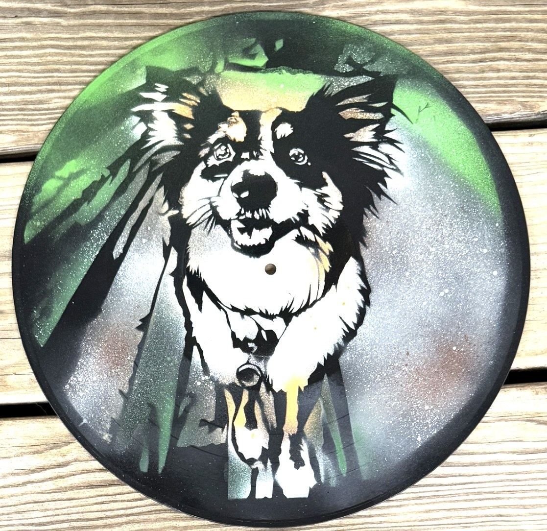 Dog portrait painted on a vinyl record by Andres Gallardo