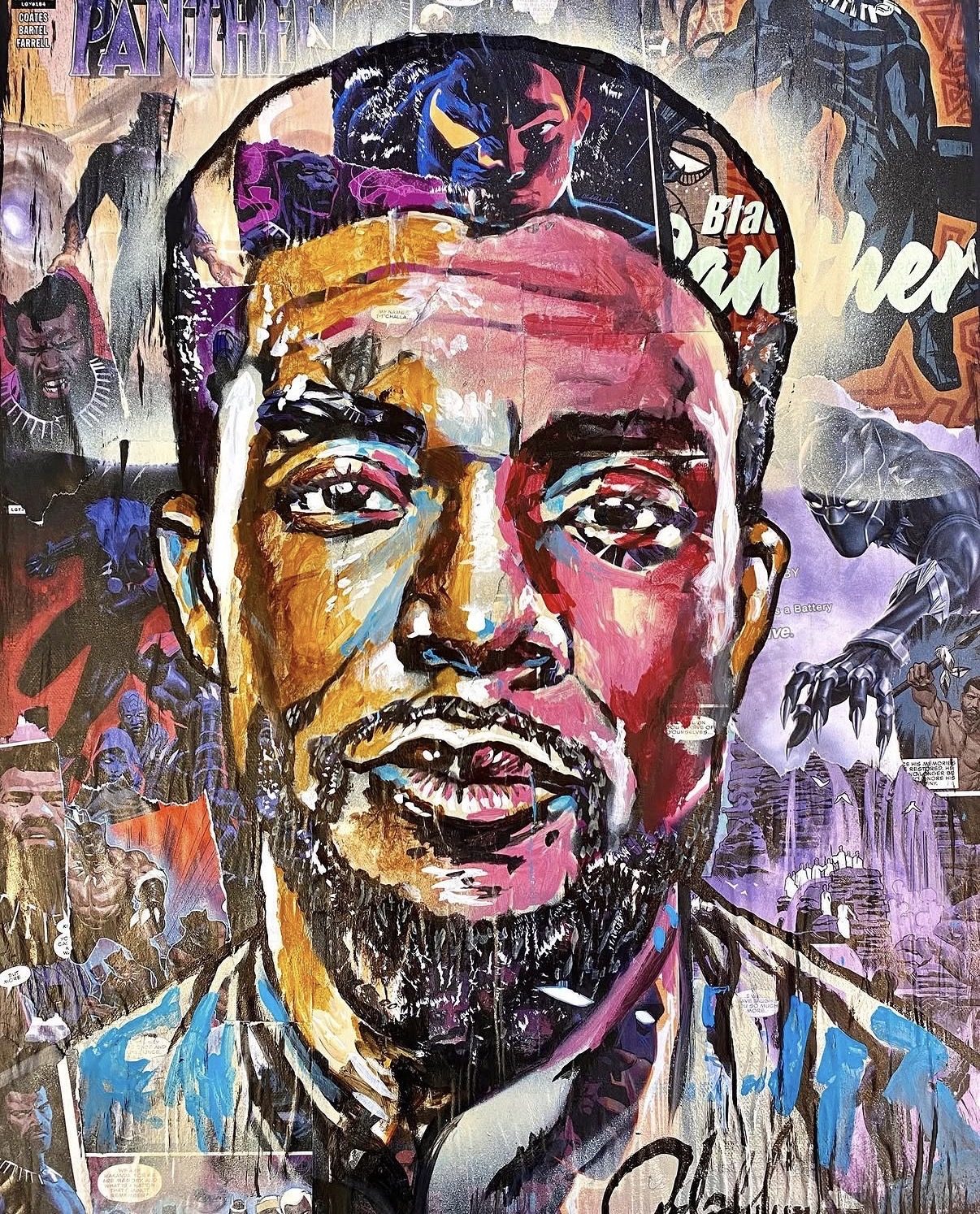 T'Challa Forever — a portrait of T'Challa in purple, blue and gold over collaged comic-book pages, by Andres Gallardo