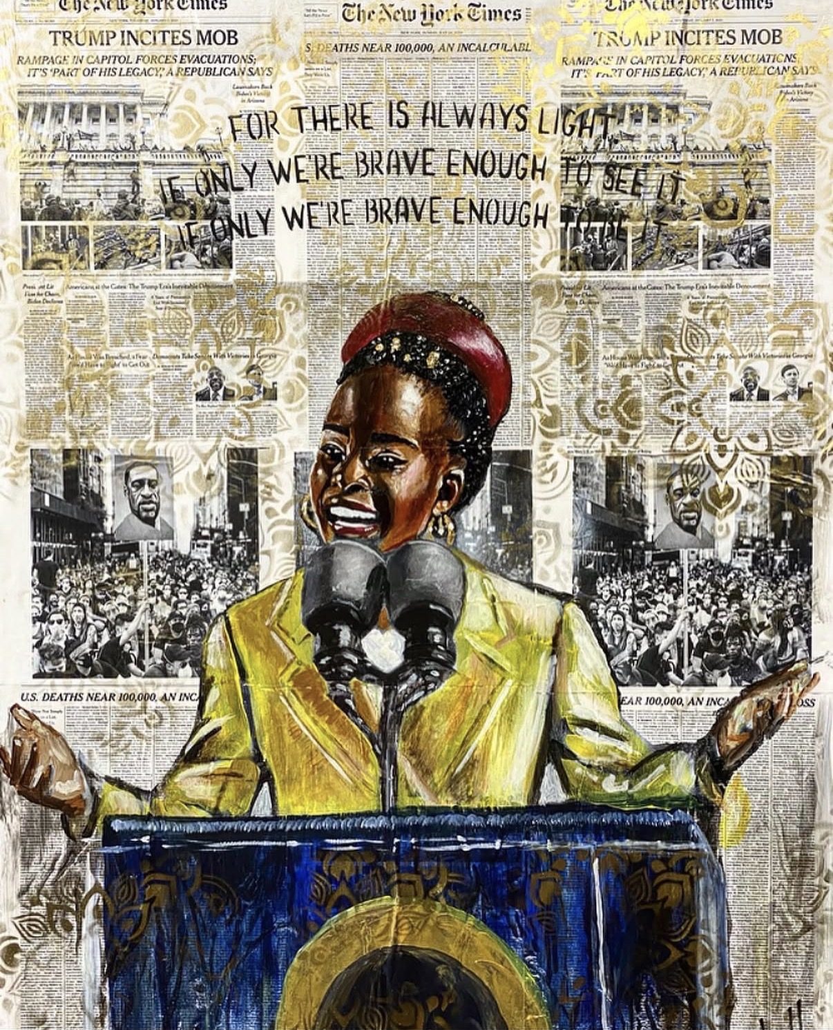 Light and Bravery — Amanda Gorman in a yellow coat reciting at a podium, painted over collaged newspaper pages by Andres Gallardo