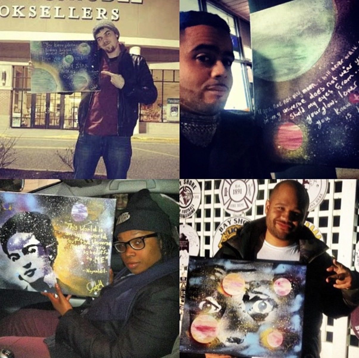 Four photos of the first people to find a GEM, each holding up a painting