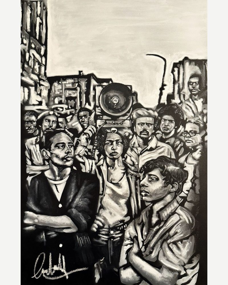 Denise Oliver Velez & the Young Lords — a crowd of young activists in black and white beneath a raised megaphone, acrylic and oil on canvas by Andres Gallardo
