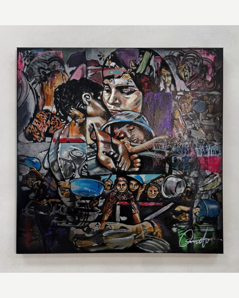 A Starving of Empathy — a mother holding her child amid crowded scenes of hardship, acrylic on canvas by Andres Gallardo
