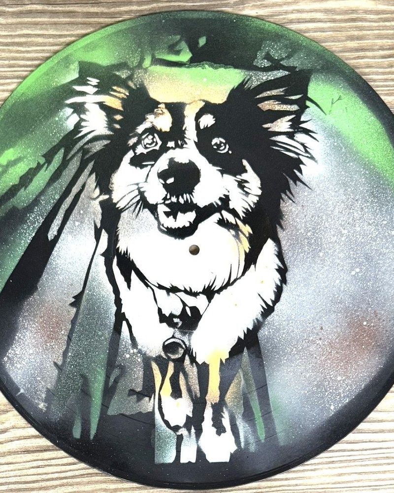 Dog portrait painted on a vinyl record by Andres Gallardo