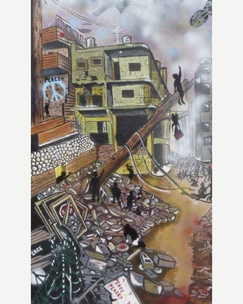 A hillside neighborhood of stacked houses with figures at work, drawing by Andres Gallardo