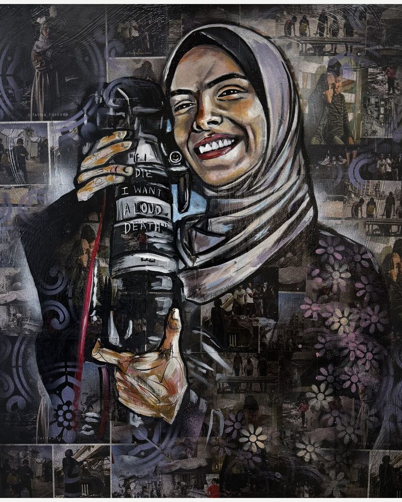 For Fatima — a smiling woman in a hijab holding a camera, painted over collaged canvas by Andres Gallardo