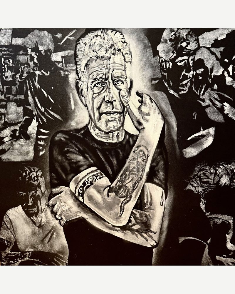 Bourdain Inverted — Anthony Bourdain with folded arms, painted in black and white by Andres Gallardo