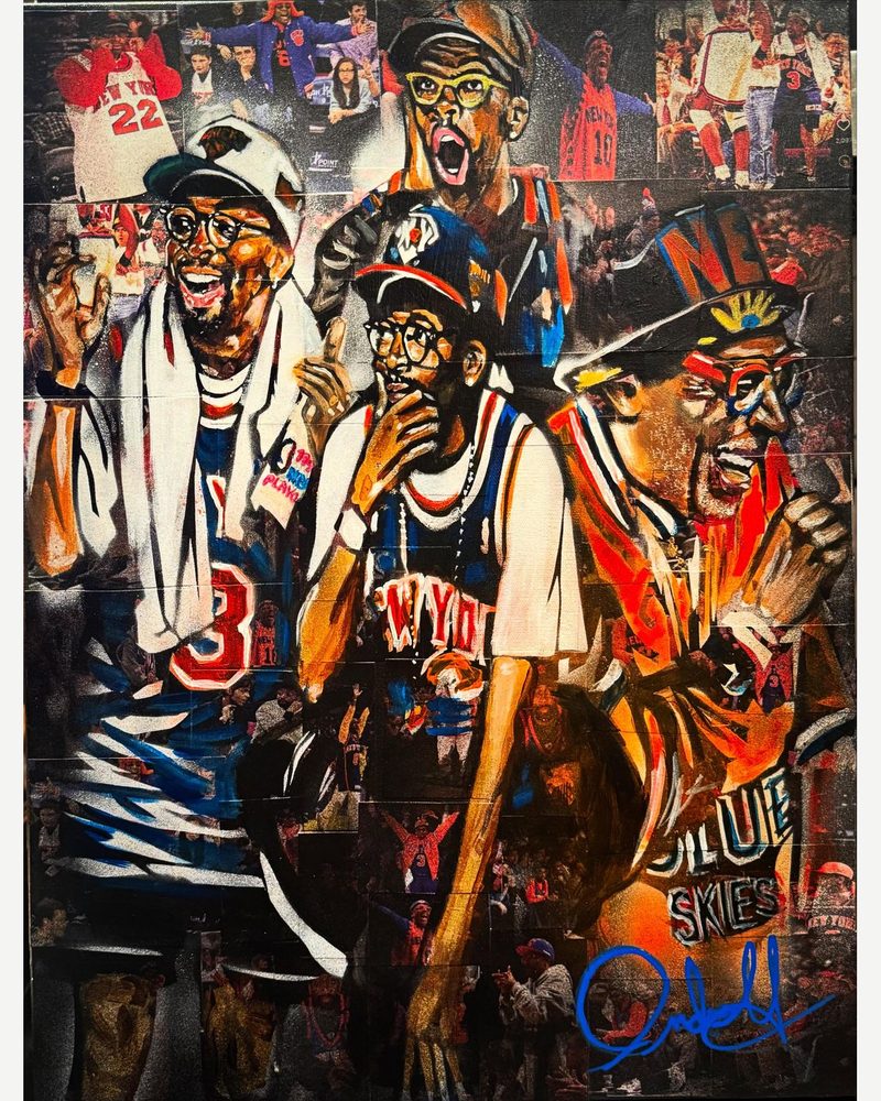 Knicks Truth Ruth — a crowd of Knicks fans in vintage jerseys on collaged canvas, painted by Andres Gallardo and gifted to Spike Lee