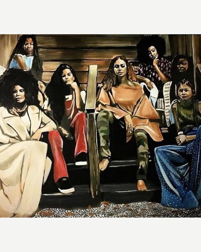 Lemonade — a group of women seated together on wooden steps, acrylic on canvas by Andres Gallardo