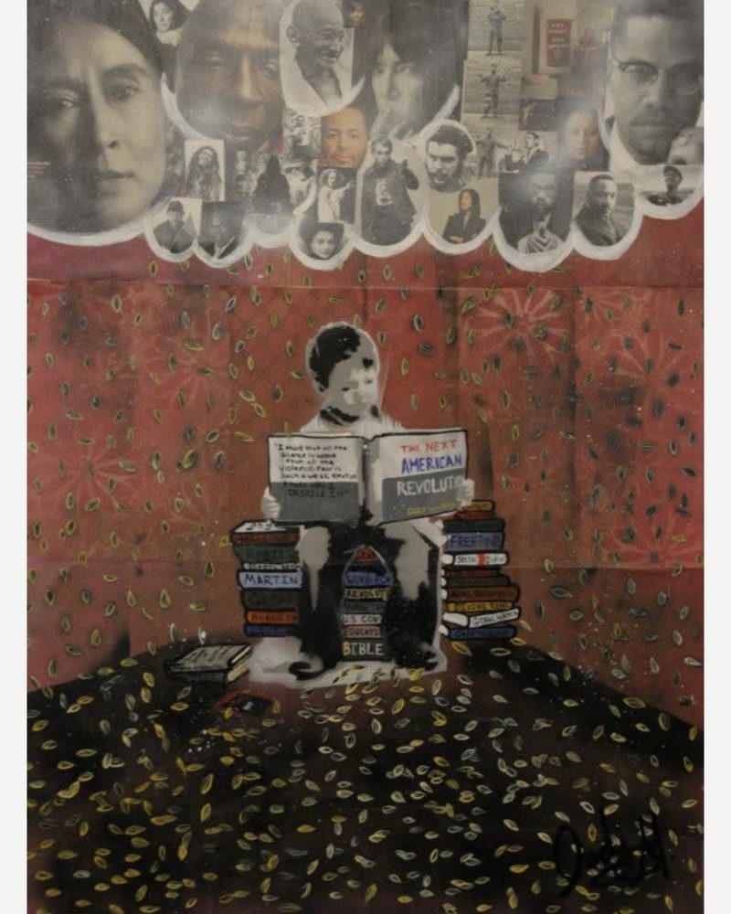 Shower Your Seeds with the Right Seeds — a child reading on a stack of books beneath a row of portraits, mixed media on canvas by Andres Gallardo