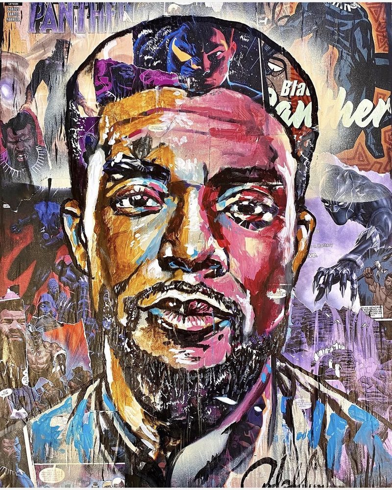 T'Challa Forever — a portrait of T'Challa in purple, blue and gold over collaged comic-book pages, by Andres Gallardo
