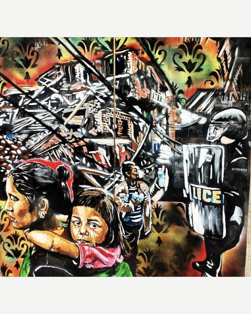 Mother vs. Man — a mother shielding her child in front of a line of riot police, acrylic and spray paint on wood panel by Andres Gallardo
