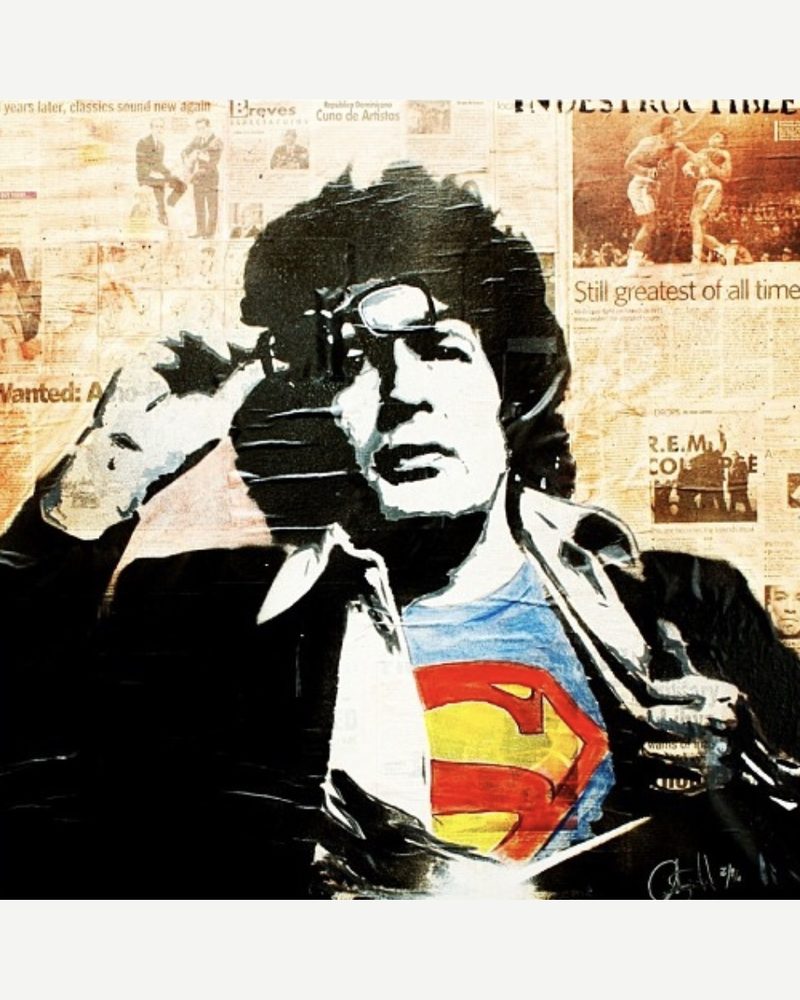 Indestructible — a man lifting his glasses to reveal a Superman shirt, stenciled over collaged newspaper by Andres Gallardo