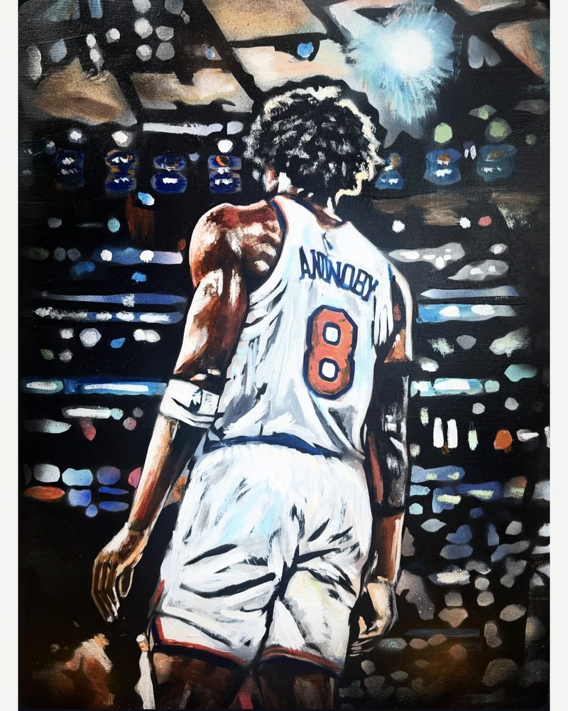 Look at God OG — OG Anunoby from behind in his Knicks number 8 jersey, acrylic on canvas by Andres Gallardo