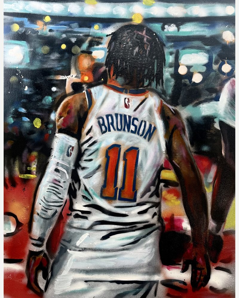 King of NY — Jalen Brunson from behind in his Knicks number 11 jersey, acrylic and spray paint on canvas by Andres Gallardo