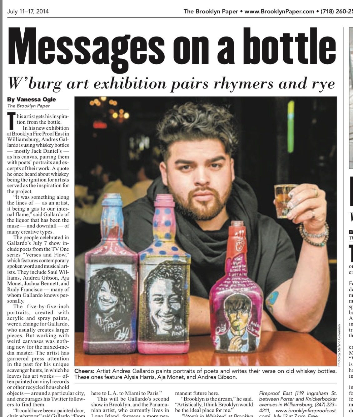 The Brooklyn Paper page from July 2014, headlined Messages on a bottle, with a photo of Andres Gallardo raising a glass beside three painted whiskey bottles
